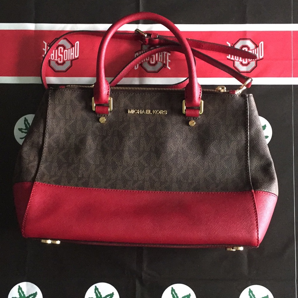 Michael Kors Savannah Signature Small Satchel with Matching Wallet Brown and Red